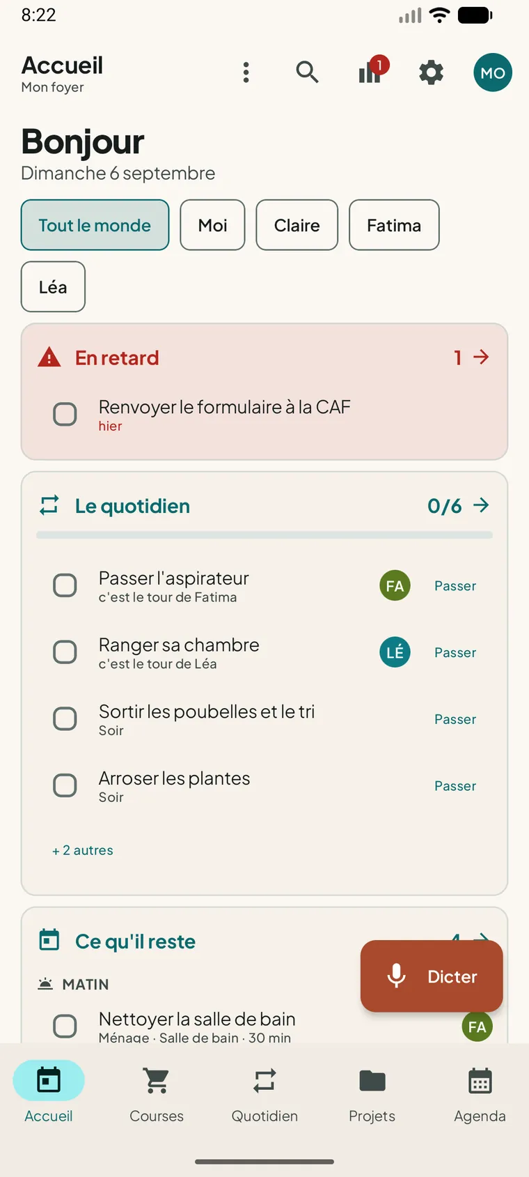 L’écran d’accueil : les tâches en retard, le quotidien du jour et la liste de courses