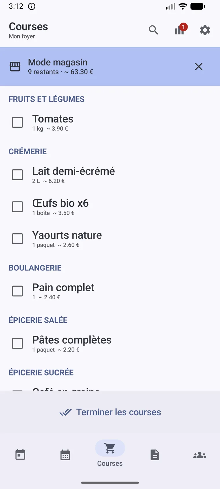 La liste de courses en mode magasin, articles groupés par rayon