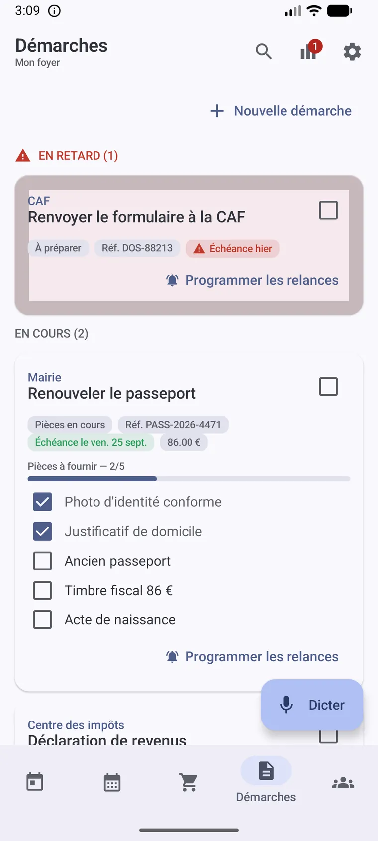 Une démarche administrative avec son organisme, sa référence et ses pièces demandées