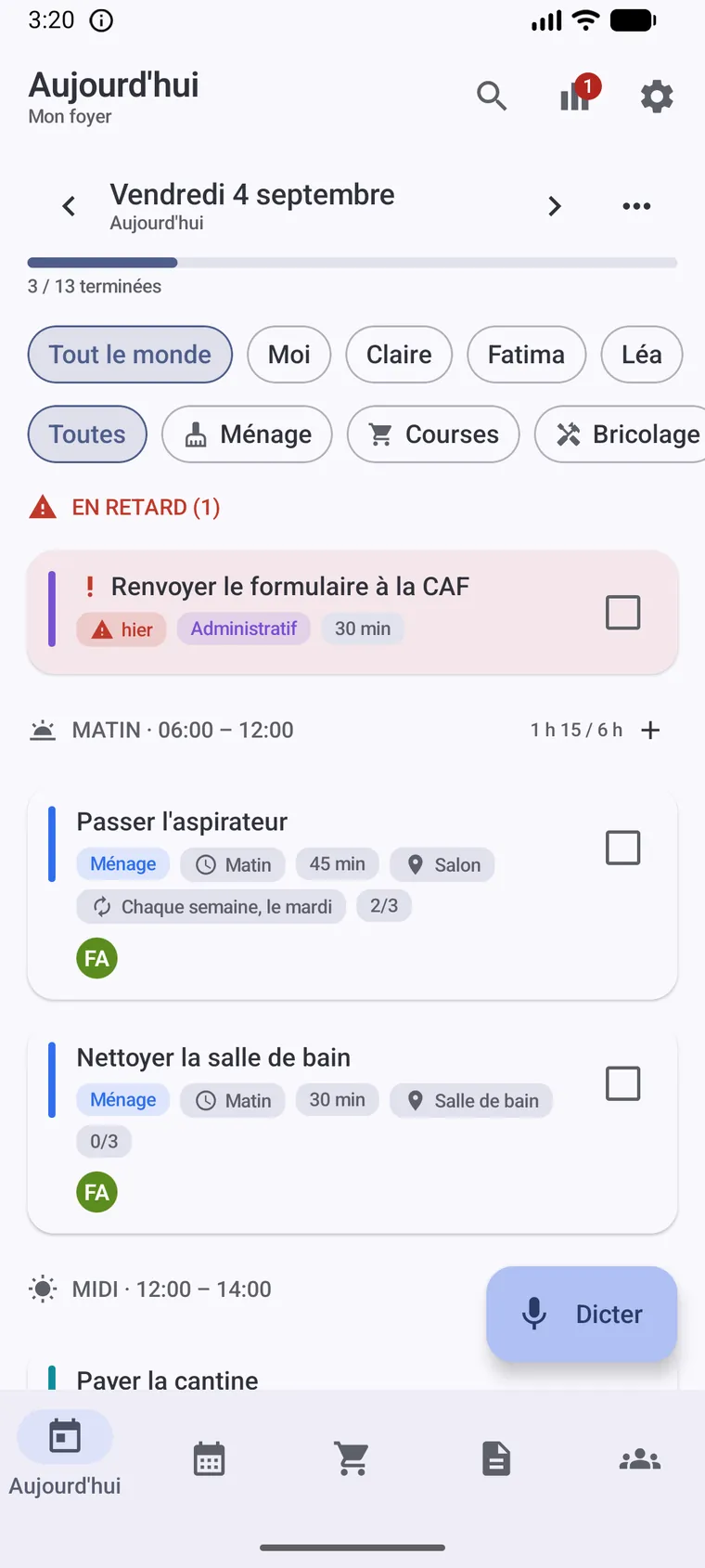 L’écran Quotidien : les routines du jour et à qui c’est le tour